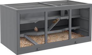 PawHut Zwerghamsterkäfig Nagerkäfig Kleintierstall aus Holz Mäusekäfig mit Treppen Kleintierkäfig Nagervilla Dreistöckig Grau 115 x 57 x 55 cm