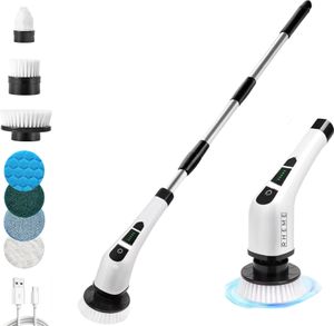 Elektrische Reinigungsbürste - Schrubbbürste mit Stiel - Elektrischer Schrubber - 7 Aufsätze - Wiederaufladbar - Universal - Badezimmer&Küche - Rheme