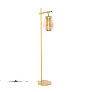 QAZQA - Art Deco Art Deco Stehlampe Gold I Messing mit Bernsteinglas - Kevin I Wohnzimmer I Schlafzimmer - Länglich - LED geeignet E27