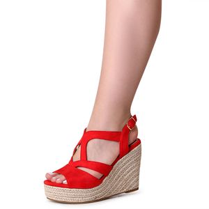 topschuhe24 1861 Damen Keilabsatz Sandaletten Riemchen Sandalen, Farbe:Rot, Größe:38 EU
