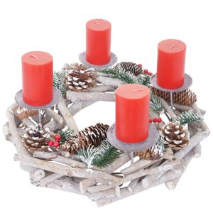 Tischkranz rund, Weihnachtsdeko Adventskranz, Holz Ø 35cm weiß-grau  mit Kerzen, rot