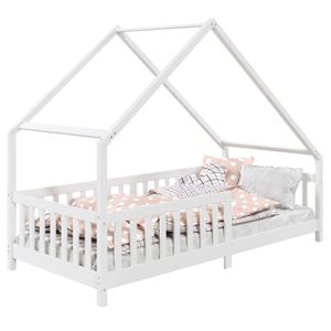 Hausbett CORA aus massiver Kiefer, Montessori Bett in 90 x 200 cm, Kinderbett mit Rausfallschutz und Dach in weiß