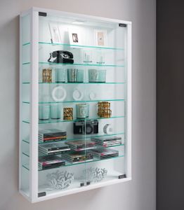 Vitrosa Mini Vitrinenschrank wandhängend mit 2 Glastüren und Licht weiß.