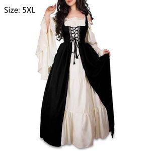 Damen Mittelalterliche Kleid mit Trompetenärmel Mittelalter Party Kostüm Maxikleid, schwarz, 5XL
