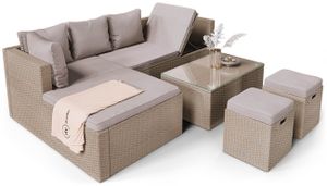 di volio Polyrattan Sitzgruppe BOLOGNA - Lounge Gartenmöbel-Set für Garten und Terrasse mit Ecksofa, Tisch & 2 Hockern - Lounge-Set in Rattan-Optik inkl. zwei Fleecedecken