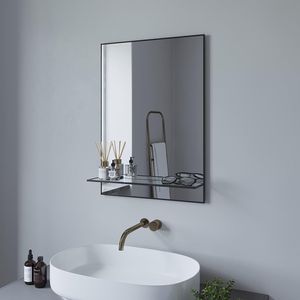 AQUABATOS Badspiegel mit Ablage Badezimmerspiegel Wandspiegel mit Aluminiumrahmen rechteckiger Hängespiegel Spiegel Schwarz ohne LED Beleuchtung 50 x 70 cm