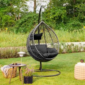 HOME DELUXE - Hängesessel Cielo - Schwarz, Höhe 200 cm - inkl. Regenabdeckung, Gestell, Sitz- und Rückenkissen I Polyrattan Hängestuhl Gartenschaukel Hängekorb