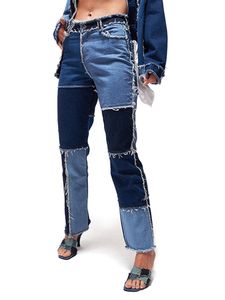 Damen Hohe Taille Tassel Gerade Jeans Denim Pants Ladies Schlank Spleißen,Farbe:Blau,Größe:M