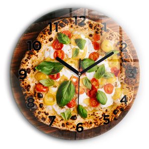 Wallfluent Hodiny - Okrúhle Sklenené Nástenné Hodiny - Tichý Quartz Strojček -Imitáciaácia Na Stenu V Spálni - Čierne Hodinové Ručičky - 60cm - Talianska pizza