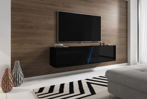 TV-Unterteil in Hochglanz schwarz Lack hängend oder stehend Lowboard Slant inkl. RGB Beleuchtung 160 x 35 cm