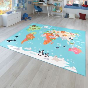Kinder-Teppich, Spiel-Teppich Für Kinderzimmer, Weltkarte Mit Tieren, In Grün Größe 160x220 cm