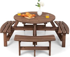 COSTWAY Piknikový stůl dřevěný pro 8 osob, zahradní stůl s otvorem pro slunečník a 4 lavicemi, zahradní nábytek zahradní nábytek jídelní set pro zahradu, terasu, trávník