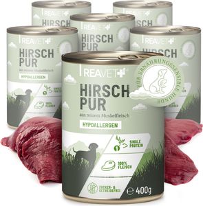 REAVET Premium Hunde Nassfutter - Hirsch Pur 6 x 400g I Reines Muskelfleisch, Hypoallergen, ohne Getreide & Zusätze, Hundenassfutter sensitiv für Allergiker