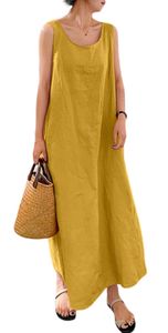 ASKSA Dámské letní šaty bez rukávů Bavlněné lněné šaty Dlouhé ležérní šaty Volné plážové šaty s kapsami, žluté, 5XL