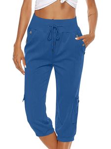 3/4 Lange Hosen Damen Cargohose mit Taschen Elastischen Baggy Jogginghose Freizeithosen Blau,Größe M