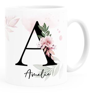 Kaffee-Tasse mit Buchstabe Monogramm personalisiert mit Namen Initiale Blumen-Motiv persönliche Geschenke SpecialMe® Blumenhintergrund weiß Keramik-Tasse