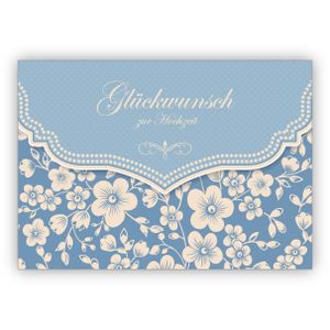 Schöne Vintage Hochzeitskarte mit Retro Kirschblüten Muster, hellblau: Glückwunsch zur Hochzeit