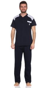 Herren Pyjama Baumwolle Schlafhose und Shirt kurz-arm; Dunkelblau XL