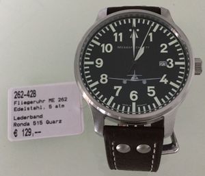 Messerschmitt 262-42B  Armbanduhr Fliegeruhr Edelstahl Quarz Lederband Datum