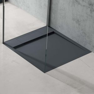 doporro Duschtasse Duschwanne 75x75x4 flach Mineralguss in Anthrazit DIN-Anschlüsse für bodenebene Montage geeignet Geoma04