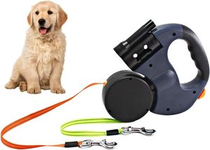 Doppelt einziehbare Hundeleine, 3M flexible einziehbare Hundeleine Doppelleine mit LED-Licht und zwei Hundeabfalleimern (weniger als 11,4 kg (25 lbs) pro Hund)