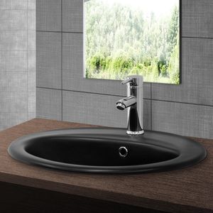 ML-Design Waschbecken Ovalform, 57x48,5x19,5 cm, Schwarz matt, aus Keramik, Aufsatzwaschbecken mit Überlauf, Einbauwaschbecken Einbauwaschtisch Waschschale Handwaschbecken für Badezimmer/Gäste WC