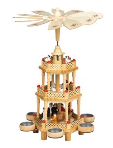 XL Weihnachtspyramide Kerzenpyramide Weihnachtsdekoration handbemalt - 3-stöckig aus Holz passend für 6 Teelichter – 42xØ28cm