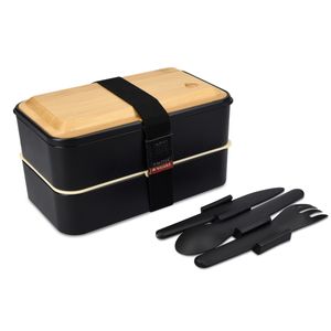 Navaris Bento Box Set inkl. Besteckhalter - Lunch Box mit Besteck und Bambus Deckel - Brotdose 2 Fächer luftdicht - Brotbox Set Kinder Erwachsene
