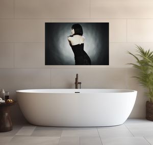 Wallario wasserfestes Poster selbstklebend 91,50 x 61 cm, Schöne Frau im schwarzen Kleid zeigt ihren Rücken, Badezimmerposter Spritzschutz mit Hochglanzoberfläche in Glasoptik