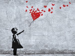 Mädchen Poster Kunstdruck - Mädchen Mit Luftballon Und Schmetterlingen, Banksy-Style (60 x 80 cm)