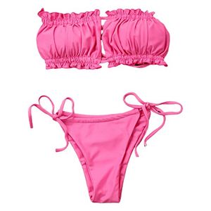 Damen-reizvoller gefalteter Bikini-Frauen-Rüschen-Bügel-hohle Badebekleidungs-reine Farben-Spitze-Push-Up-gepolsterter Badeanzug,Pink,S