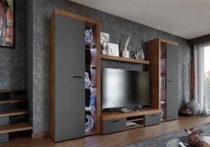 FURNIX Mediawand RIVAY XL Wohnwand 4-teilig, Vitrine, TV Schrank, Highboard 300 cm für Wohnzimmer klassisch modern Eiche Lefkas/Graphit