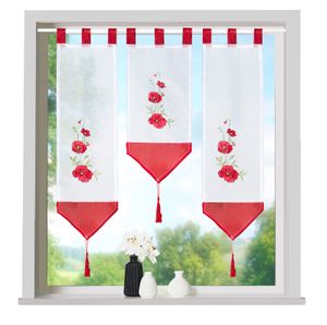 heimtexland ® Scheibengardine Set 3-tlg Schlaufen Gardine Bestickt Fensterdeko Typ710 Mohnblume Rot
