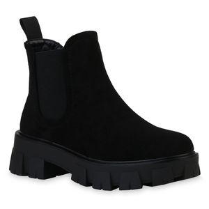 VAN HILL Damen Stiefeletten Plateau Boots Blockabsatz Profil-Sohle Schuhe 836326, Farbe: Schwarz Velours, Größe: 39
