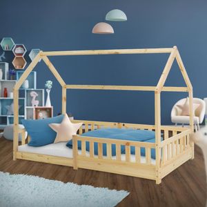 Detská posteľ ML-Design s ochranou proti vypadnutiu, so strieškou a lamelovým roštom, 90x200 cm, prírodná