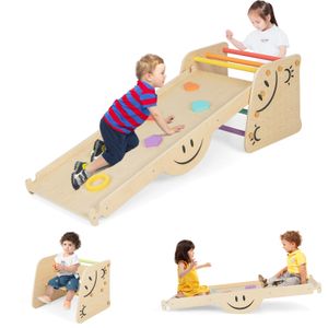 COSTWAY 6 in 1 Klettergerüst Indoor, inkl. höhenverstellbarem Tritthocker und Wippe, für Kinder ab 3 Jahren