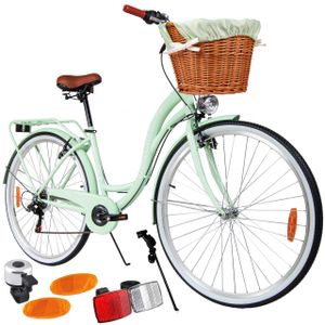 Maltrack mestský bicykel Dreamer s košíkom, 6 rýchlostí, 28 palcov, zadné svetlá, nosič na batožinu, zvonček, mestský bicykel dámsky, farba mint