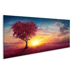 Bild auf Leinwand Herz Baum Liebe Natur Rot Landschaft Sonnenuntergang  Wandbild Poster Kunstdruck Bilder 120x40cm Panorama