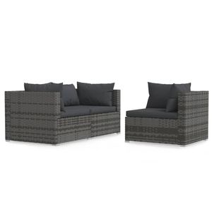 vidaXL 3-tlg. Garten-Lounge-Set mit Kissen Grau Poly Rattan