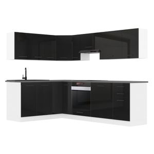 Belini Küchenzeile Küchenblock Küche L-Form JANET Küchenmöbel mit Griffe, Einbauküche ohne Elektrogeräten mit Hängeschränke und Unterschränke, mit Arbeitsplatten, Schwarz Hochglanz