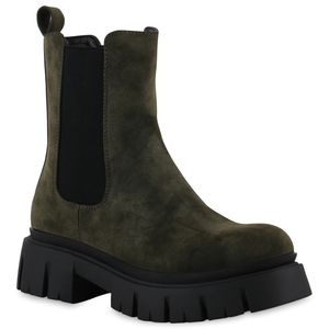 VAN HILL Damen Plateau Boots Stiefeletten Profil-Sohle Stiefel Schuhe 839534, Farbe: Olivgrün Velours, Größe: 39