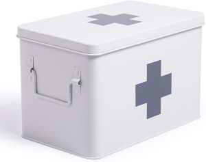 Theo&Cleo Medizinbox  Metall, Erste Hilfe Kasten Koffer Schrank, Arzneischrank Medizinkoffer Retro, Medizinschrank Groß XXL, 32 * 19 * 20 cm (Weiß)
