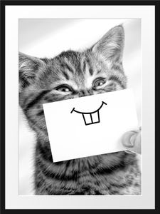 Lustige Katze mit Lächeln auf Papier, MonochromeBilderrahmen mit Galerie-Passepartout / Format: 80x60cm / gerahmt / hochwertige Leinwandbild Alternative