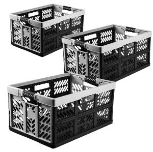 3-er Set - KLAPPBOX - Silber-Anthrazit - Faltbox Lagerbox Einkaufsbox 45 Liter  4 Griffe Aufbewahrungsbox Kunststoff Soft-Touch Softgriff faltbox set Klappbox set NEU