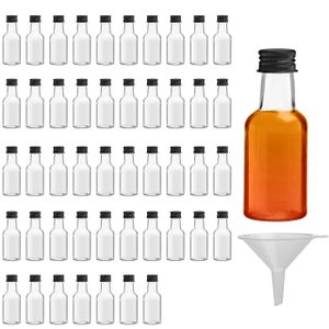 BELLE VOUS Kleine Schnapsflaschen (48er Pack) - 25ml - Wiederverwendbare Kleine Flaschen zum Befüllen aus Kunststoff mit Schwarzem Schraubverschluss, Flüssigkeitstrichter zum Ausgießen & Befüllen