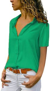 ASKSA Damen Bluse Chiffon Elegant Kurzarm Oberteile Einfarbig V-Ausschnitt Lose Hemdbluse T-Shirt Tops, Grün, XXL
