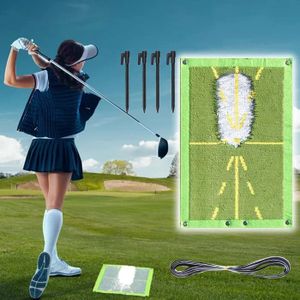 Golf Schlagmatte, 49*24cm Golfmatte Golf-Übungsmatte klappbar für Schlagerkennung, Schwungweg und richtige Schlaghaltung, Golf Trainingsmatte mit Bodennägeln & Karabiner für Indoor und Outdoor