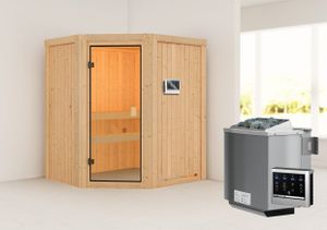 Woodfeeling Sauna Faurin (Eckeinstieg), Ganzglastür, bronziert, Ofen 9 kWexterne Steuerung easy