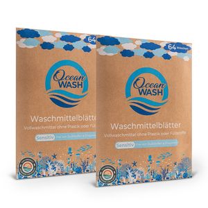 OceanWash 2er-Set Waschmittelblätter Sensitiv für 128 Waschladungen, 64 Waschstreifen mit Trennlinie, vordosiert & biologisch abbaubar