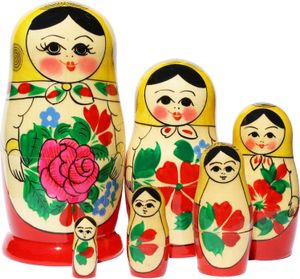 Matroschka Puppen Babuschka Holzpuppen gelbes Tuch Set aus 6 Figuren 13cm hoch